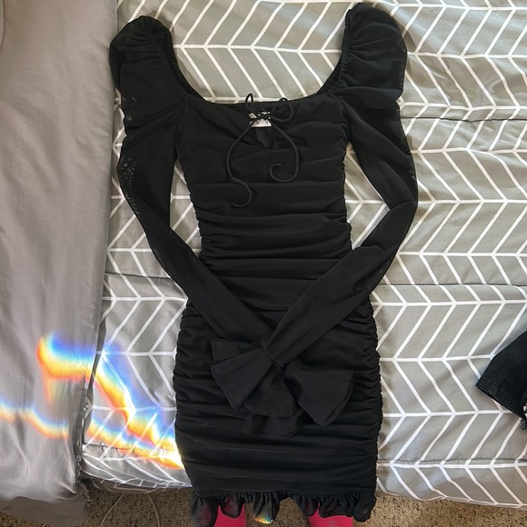 Body Con Oh Polly Ruched Mesh Black Dress :) Size UK 4 US 0 - Picture 2 of 5